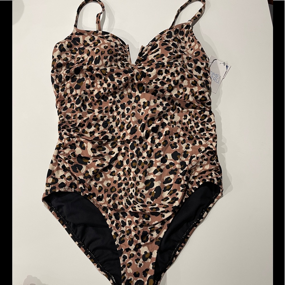 Time and Tru Leopard Print One-Piece Swimsuit in Tan, Black, and Cream